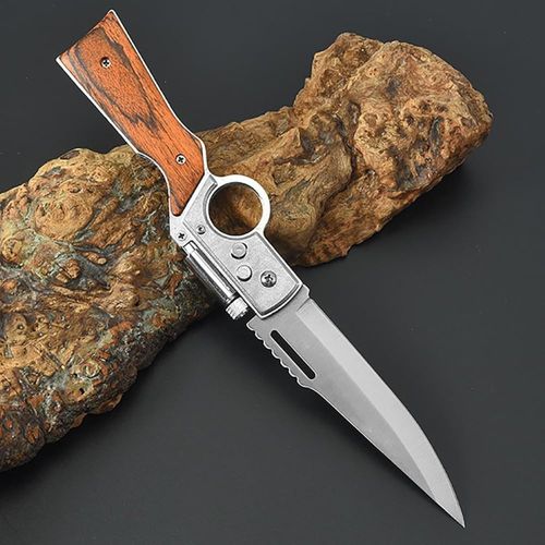 AK47 Flipper Pocket Knife, Portable Flipper Pocket Knife With Flashlight for Men, 10 inch Stainless Steel, Wooden handle, Flipper Pocket Knives for Hiking, Outdoor, Camping, Mens Gift