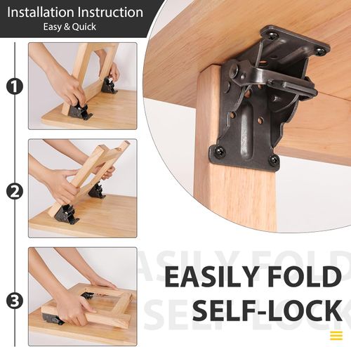4 Pack Folding Brackets, Self-Lock Hinge with Screws for Folding Table Legs, Lock Extension Support Bracket Bed Legs, Black