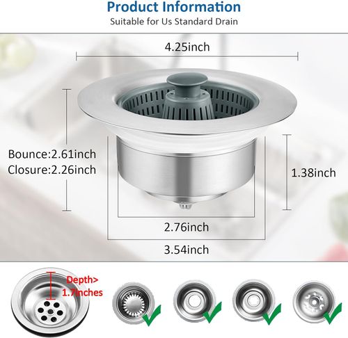 2-Pisce of 3-in-1 Kitchen Sink Drain Strainer and Stopper Combo, Stainless Steel Pop-Up Sink Stopper with Anti-Clog Basket Sink Strainer, Sink Bounce Core Drain Strainer for Standard 3-1 and 3-2 Inch Drains