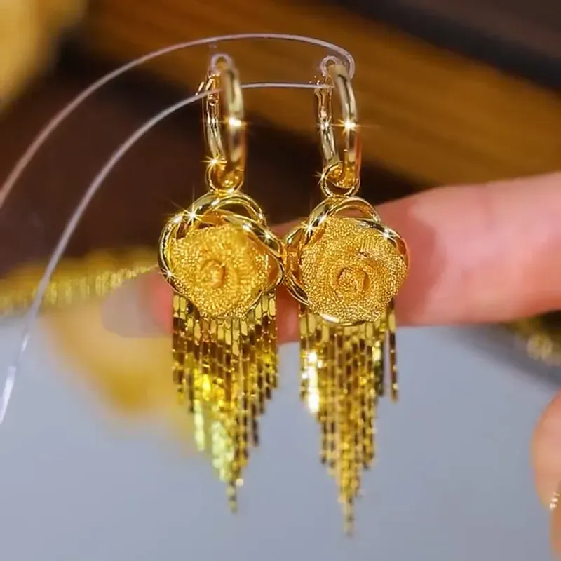 Rose Tassel Earrings For Women With 304 Stainless Steel Ear Pins In Gold Alloy