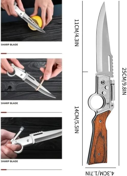 AK47 Flipper Pocket Knife, Portable Flipper Pocket Knife With Flashlight for Men, 10 inch Stainless Steel, Wooden handle, Flipper Pocket Knives for Hiking, Outdoor, Camping, Mens Gift