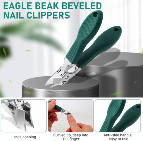 Eagle Beak Beveled Nail Clippers, 3-Piece Set of Upgrade Stainless Steel Wide Jaw Opening Anti-Splash Nail Clipper, Long Handle Angled Head Toenail Clipper for Ingrown & Thick Toenails for Men Women