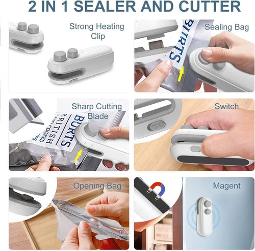 Portable Mini Sealing Machine, 2 in 1, USB Rechargeable, Magnetic Bag Sealer, Heat Seal with Cutter, Plastic Bags Packing Machine