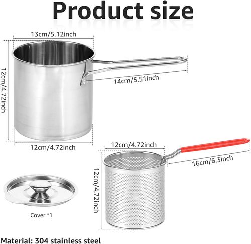 Deep Fat Fryer Set with Strainer Basket and Extended Handle, Mini Stainless Steel Deep Fryer Pot Food Grade Outdoor Fryer with Lid Portable Food Cooking Pot for Frying Fish Shrimp Chicken Fries