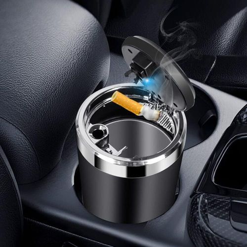 Mini car ashtray, detachable ashtray, smokeless smoking bracket, cylindrical windproof smokeless ashtray, car ashtray, cup holder with lid, LED light, suitable for indoor and outdoor use, black.