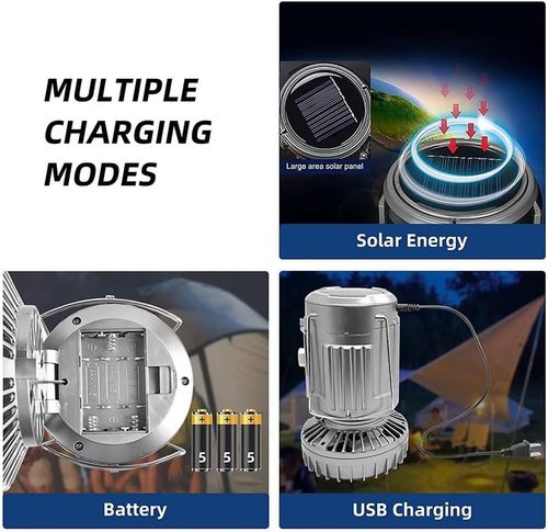 Solar Camping Lantern with Fan,Emergency Flashlight Charging for Phone,USB Rechargeable Portable Camping Fans Easy Install