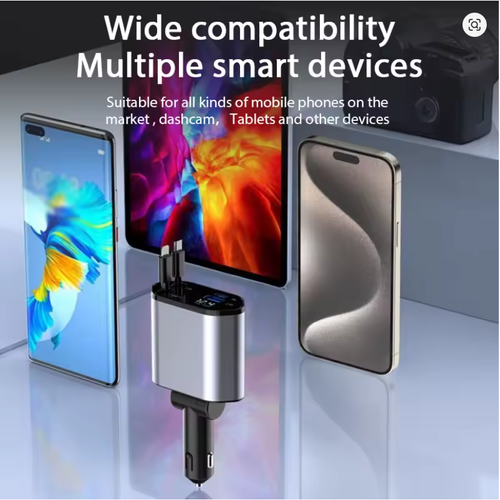 4-in-1 120W super fast car charger with retractable cable, mobile phone interface and car cigarette lighter