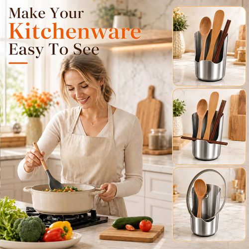 Multi-Functional Stainless Steel Kitchen Utensil Holder, 2‑In‑1 Spoon Rest for Kitchen Counter, Space‑Saving Vertical Organizer for Spatula Ladle Pot Lid Cutting Board, Stainless Steel Utensil Holder
