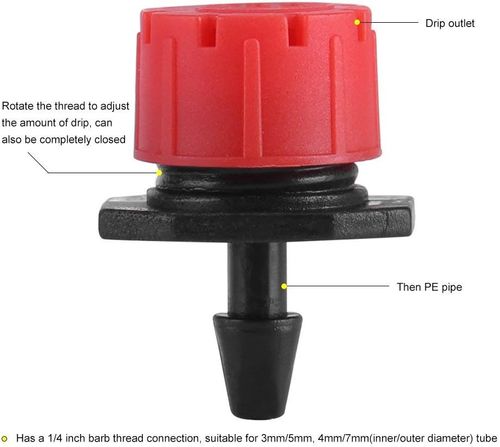 100 picse adjustable garden irrigation drip emitters and sprinklers, suitable for watering flowers and plants, compatible with 0.25 inch hoses, red.