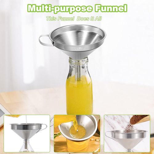 Whimsical Stainless Steel Funnel with Removable Strainer . Fast Flow Wide Mouth Funnel for Oil Liquid & Powder Transfer . Durable Metal with Handle