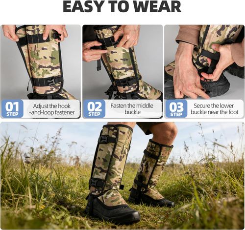 Snake gaiters for hiking and outdoor work—waterproof and adjustable, featuring 500D Oxford fabric and 3-layer nylon—for durable outdoor leg protection.