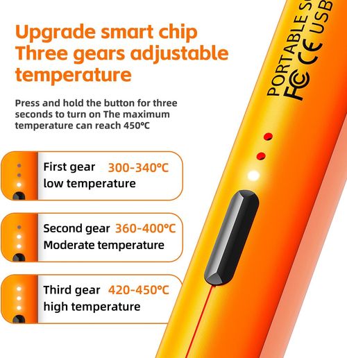 MEAKEST Cordless USB Rechargeable Portable Soldering Iron, 3-speed Temperature Adjustable, Heating Core, Soldering Iron Cord, Rosin, Soldering Iron Stand, Storage Case, Orange