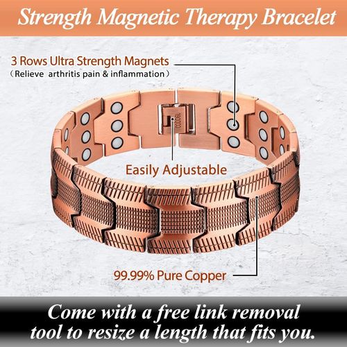Copper Magnetic Bracelet for Men Three Row Magnets Cooper Bracelet , Real Solid Pure Copper, Adjustable, 3500 Gauss,  Present Box, Daily Wrist Comfort
