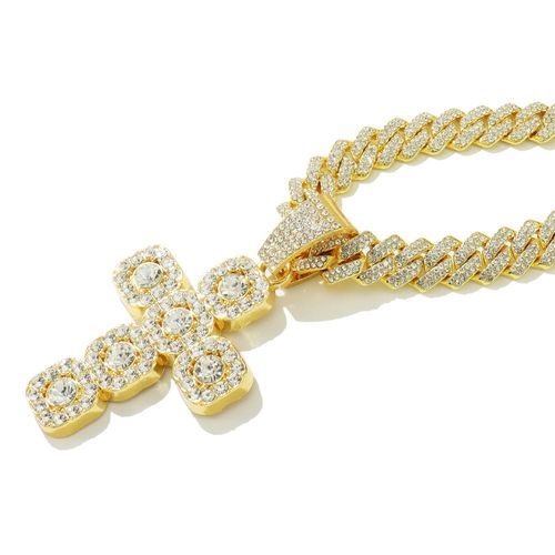 New 15mm Width Cuban Chain With Alloy and Rhinestone Hip Hop Big Cross Pendant Necklace