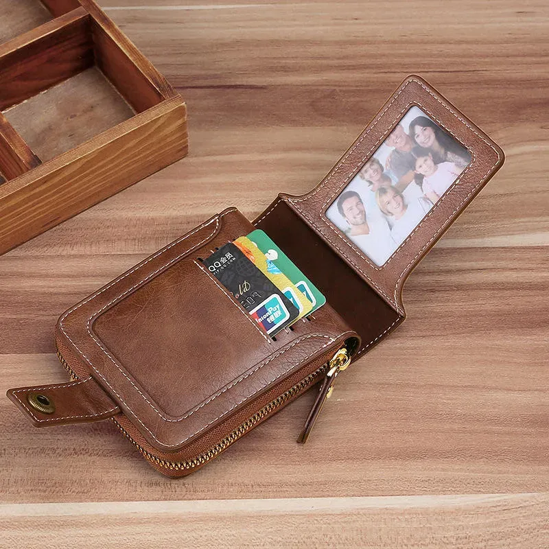 Men's Genuine Leather Card Holder Wallet Retro Casual Solid Color Short Card Holder Cash Envelope