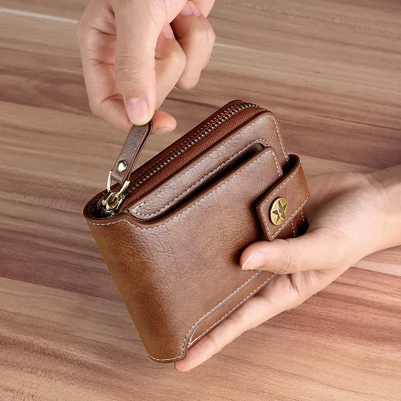 Men's Genuine Leather Card Holder Wallet Retro Casual Solid Color Short Card Holder Cash Envelope