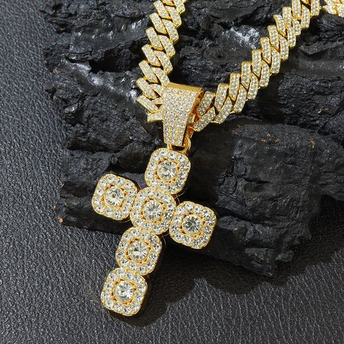 New 15mm Width Cuban Chain With Alloy and Rhinestone Hip Hop Big Cross Pendant Necklace