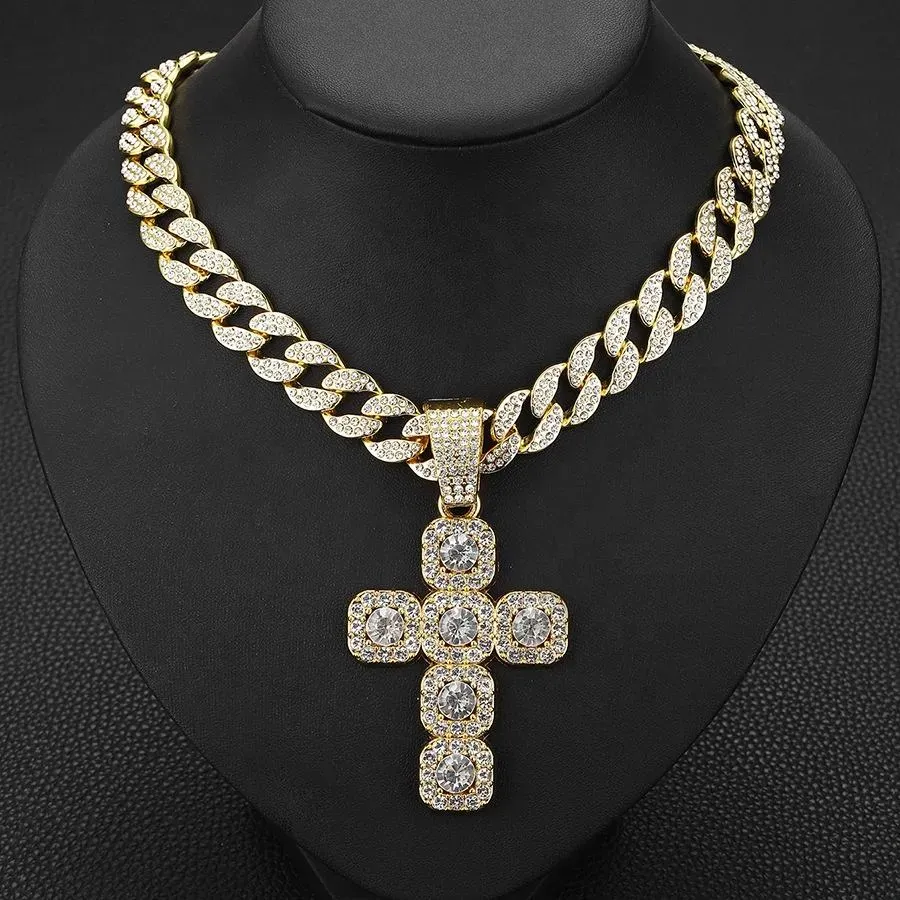 New 15mm Width Cuban Chain With Alloy and Rhinestone Hip Hop Big Cross Pendant Necklace