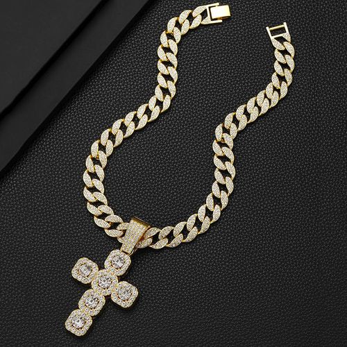 New 15mm Width Cuban Chain With Alloy and Rhinestone Hip Hop Big Cross Pendant Necklace