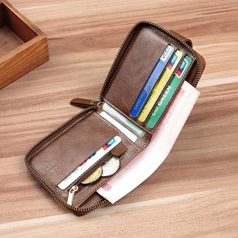 Men's Genuine Leather Card Holder Wallet Retro Casual Solid Color Short Card Holder Cash Envelope