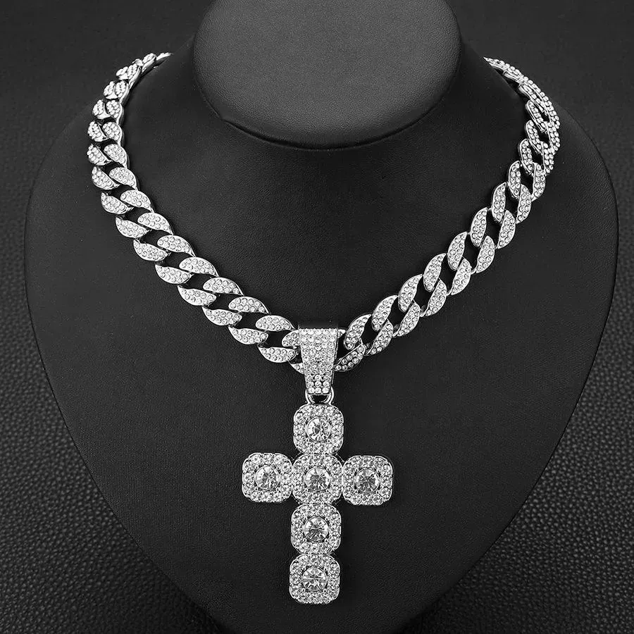 New 15mm Width Cuban Chain With Alloy and Rhinestone Hip Hop Big Cross Pendant Necklace