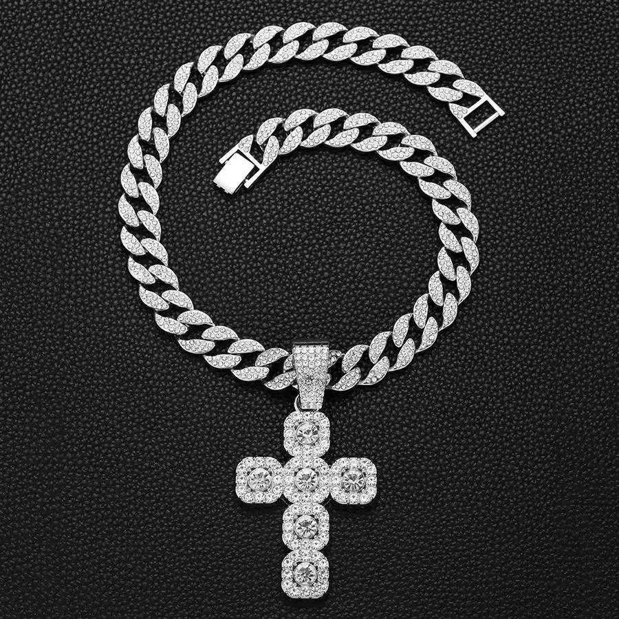 New 15mm Width Cuban Chain With Alloy and Rhinestone Hip Hop Big Cross Pendant Necklace