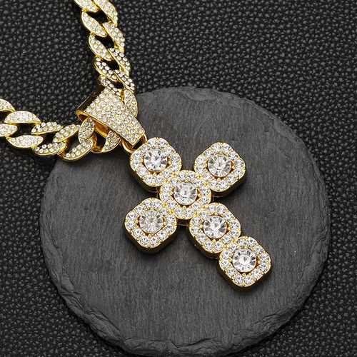 New 15mm Width Cuban Chain With Alloy and Rhinestone Hip Hop Big Cross Pendant Necklace