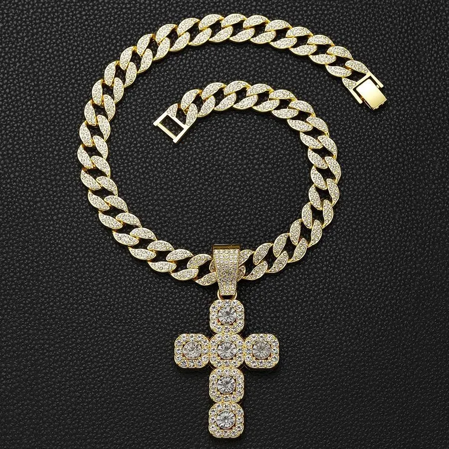 New 15mm Width Cuban Chain With Alloy and Rhinestone Hip Hop Big Cross Pendant Necklace