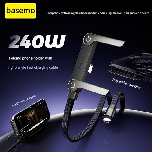basemo Invisible Holder Charger Cable with Stand, 240w super fast charging 2-in-1 Fast Charging Cord & Phone Stand for Gaming, Office, Car Travel, Compatible with iPhone Samsung Type-C charging cable Black