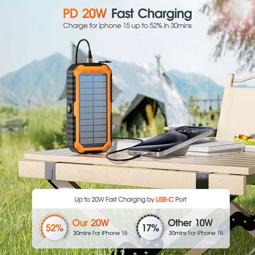 20000mAh Solar Hand-Crank Power Bank - Outdoor Survival Essential with Compass & Level
