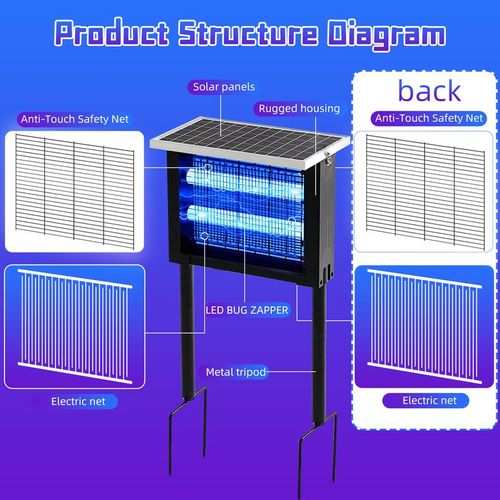 Solar Bug Zapper 10W - Kills Mosquitoes Flies Gnats Moths - Waterproof Rechargeable Outdoor Insect Killer for Patio Garden Camping