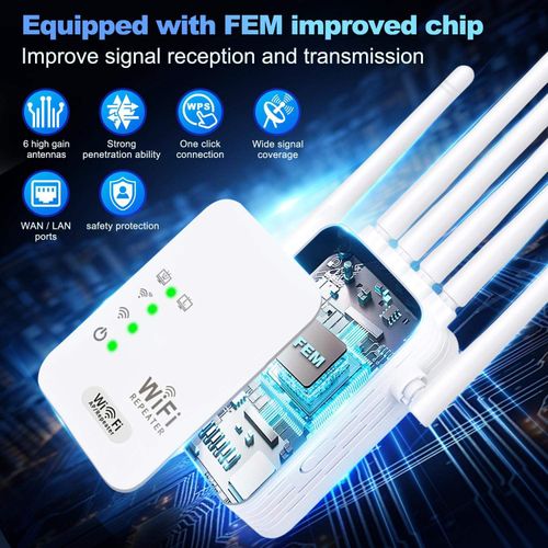 Wireless WiFi Range Extender Repeater 1200Mbps, 6 Antennas Dual Band Signal Booster, WPS Easy Connection for Home CCTV & Solar Camera