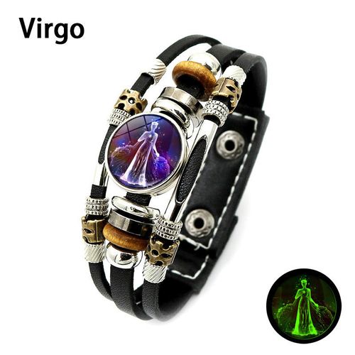 Glow In Dark 12 Constellations Zodiac Leather Bracelet, Vintage Multi-layer Braided Wristband Gift for Men & Women