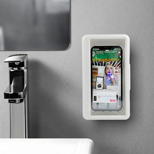 Waterproof Shower Phone Holder Wall Mount, 60° Rotatable Anti-Fog Touch Screen Bathroom Phone Case, No Drill Adhesive Phone Stand for Toilet & Bath,Pack of 2,Black and white