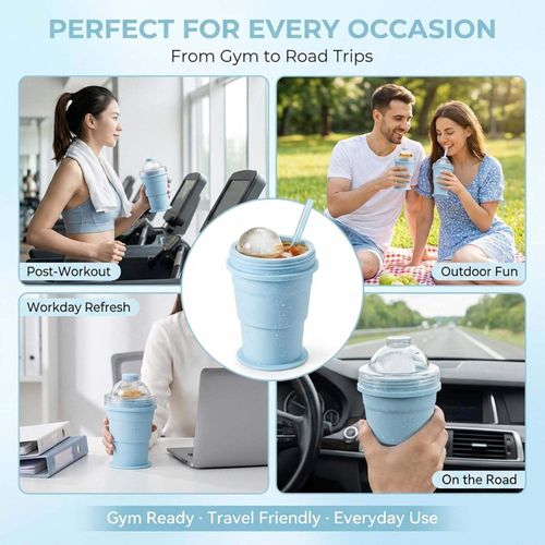 2 in 1 Collapsible Silicone Ice Ball Maker Straw Cup, Portable Foldable Drinking Cup with Big Sphere Ice Mold for Outdoor Office Travel.Pack of 2