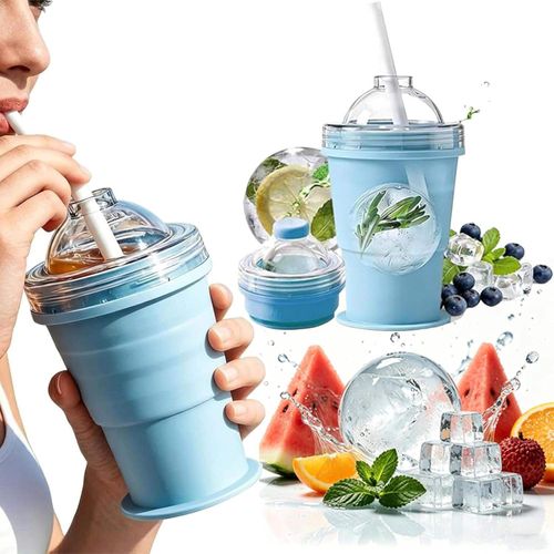 2 in 1 Collapsible Silicone Ice Ball Maker Straw Cup, Portable Foldable Drinking Cup with Big Sphere Ice Mold for Outdoor Office Travel.Pack of 2
