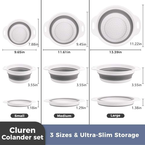 3 Sizes Foldable Colander Set, Portable Collapsible Washing Bowl with Drain Tray, Space Saving Kitchen Fruit Vegetable Strainer
