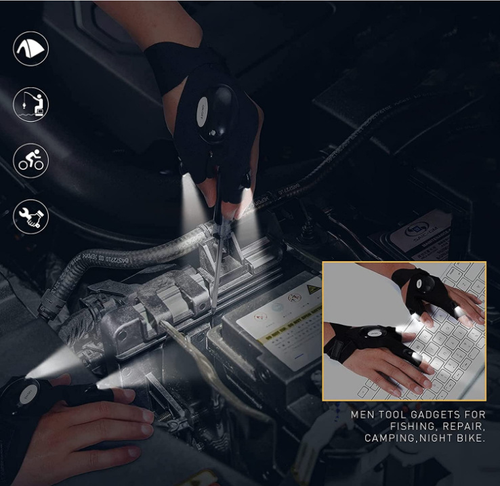 Rechargeable LED Light Work Glove, Hands‑Free Illumination Half‑Finger Glove for Mechanic, Fishing, Camping Night Working