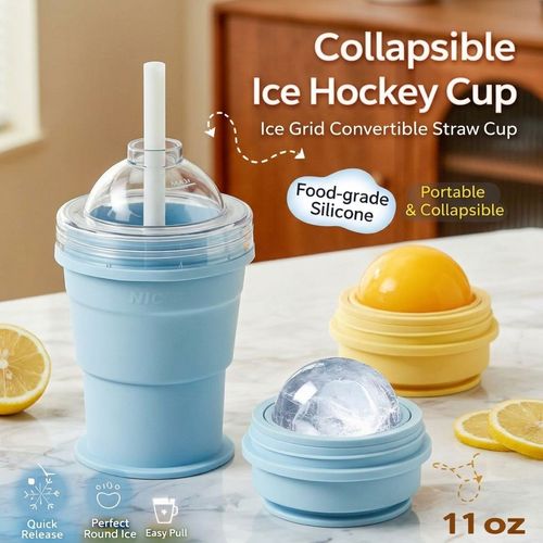 2 in 1 Collapsible Silicone Ice Ball Maker Straw Cup, Portable Foldable Drinking Cup with Big Sphere Ice Mold for Outdoor Office Travel.Pack of 2