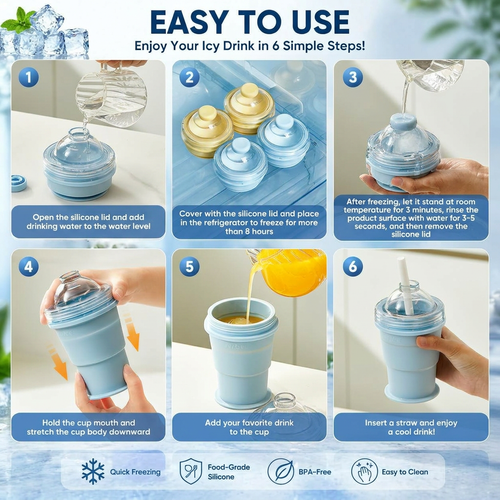 2 in 1 Collapsible Silicone Ice Ball Maker Straw Cup, Portable Foldable Drinking Cup with Big Sphere Ice Mold for Outdoor Office Travel.Pack of 2