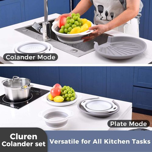3 Sizes Foldable Colander Set, Portable Collapsible Washing Bowl with Drain Tray, Space Saving Kitchen Fruit Vegetable Strainer