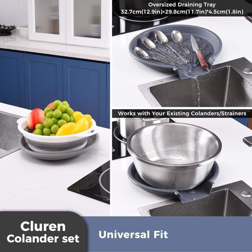 3 Sizes Foldable Colander Set, Portable Collapsible Washing Bowl with Drain Tray, Space Saving Kitchen Fruit Vegetable Strainer