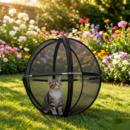 Pop Up Round Cat Mesh Ball, Collapsible Pet Play Tent, Safe Outdoor Enclosure for Cats, Lightweight Foldable Cat House