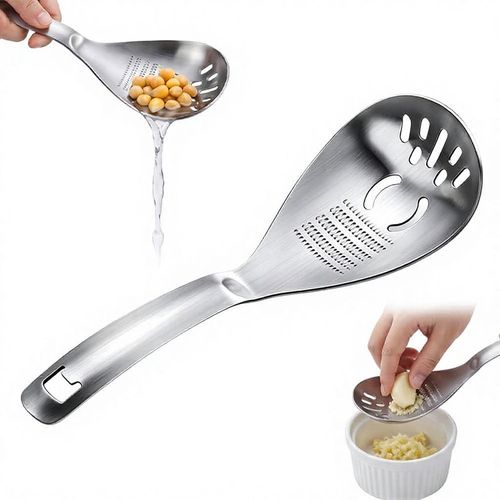 2 in 1 Stainless Steel Ginger Garlic Grater Spoon Multi-functional Kitchen Colander Spoon for Straining Food & Grinding Garlic Ginger