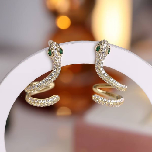 Gold Snake Ear Cuff Earrings with Emerald Green Eyes, Paved Zircon Serpent Wrap Ear Jewelry for Women