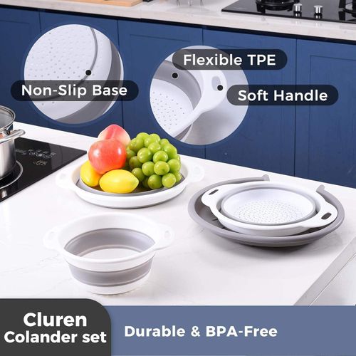 3 Sizes Foldable Colander Set, Portable Collapsible Washing Bowl with Drain Tray, Space Saving Kitchen Fruit Vegetable Strainer