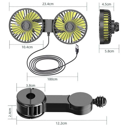 USB Dual Head Car Back Seat Fan, 360° Rotatable Headrest Cooling Fan for Car, Truck