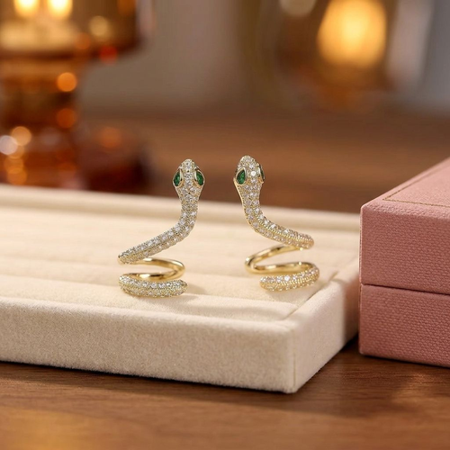 Gold Snake Ear Cuff Earrings with Emerald Green Eyes, Paved Zircon Serpent Wrap Ear Jewelry for Women