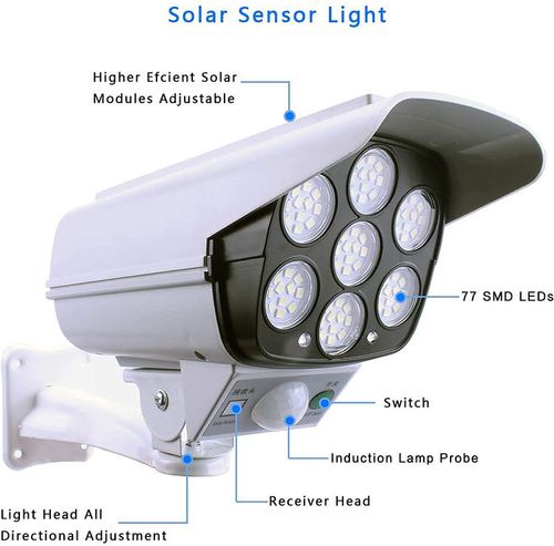 Solar Dummy CCTV Camera Light, 77LED Motion Sensor Solar Security Flood Light with Remote Control, Waterproof Outdoor Wall Lamp for Yard Garden Porch