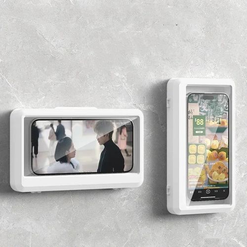 Waterproof Shower Phone Holder Wall Mount, 60° Rotatable Anti-Fog Touch Screen Bathroom Phone Case, No Drill Adhesive Phone Stand for Toilet & Bath,Pack of 2,Black and white